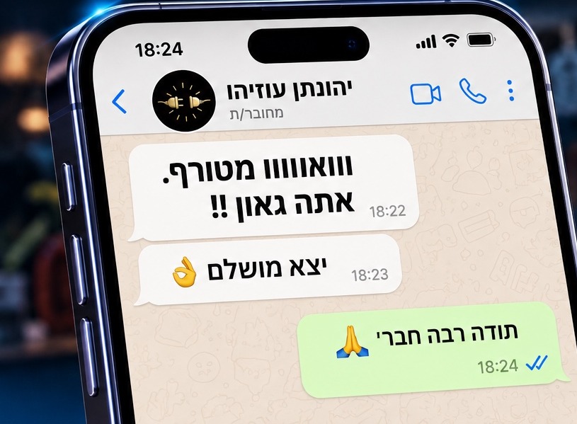התכתבות וואטסאפ מעוצבת עם הלוגו של החשמלאי